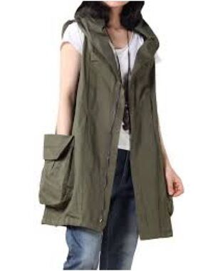 Mordenmiss Olive Green Hooded Utility Vest Cargo Pockets Sleeveless Jacket